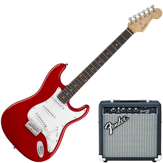 Fender Squire Bullet Stratocaster Guitar (Red) and Amp (FM10G) Pack