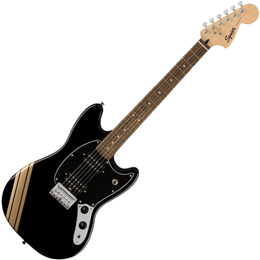 Squier FSR Bullet Competition Mustang HH Electric Guitar (Black Shoreline Gold Stripes)