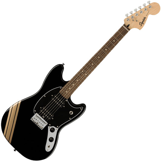 Squier FSR Bullet Competition Mustang HH Electric Guitar (Black Shoreline Gold Stripes)