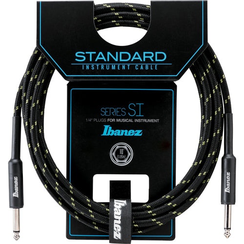 Ibanez Guitar Cable 10ft Woven, Black and Green